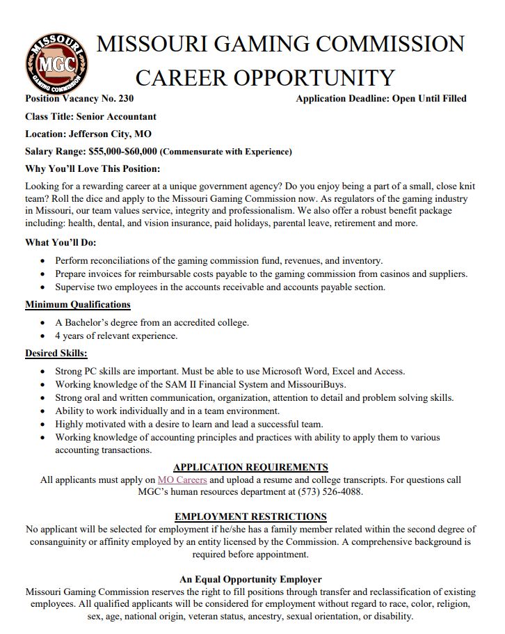 Exciting Career Opportunity at MGC! | Missouri Gaming Commission News and  Information